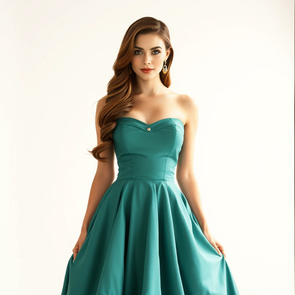 young woman with long hair in 50s style strapless dress with full skirt