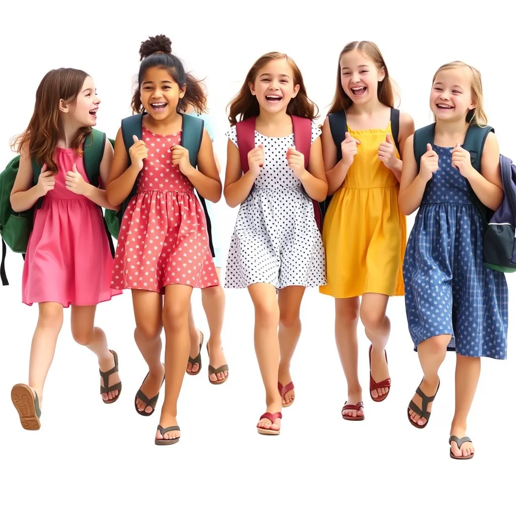 "Create a photo of a group of teenage girls wearing dresses and sandals. They are joyfully walking towards the camera because the holidays are starting. They are carrying school backpacks and cheering. The background is white, with no text. The children are fully visible." - Image