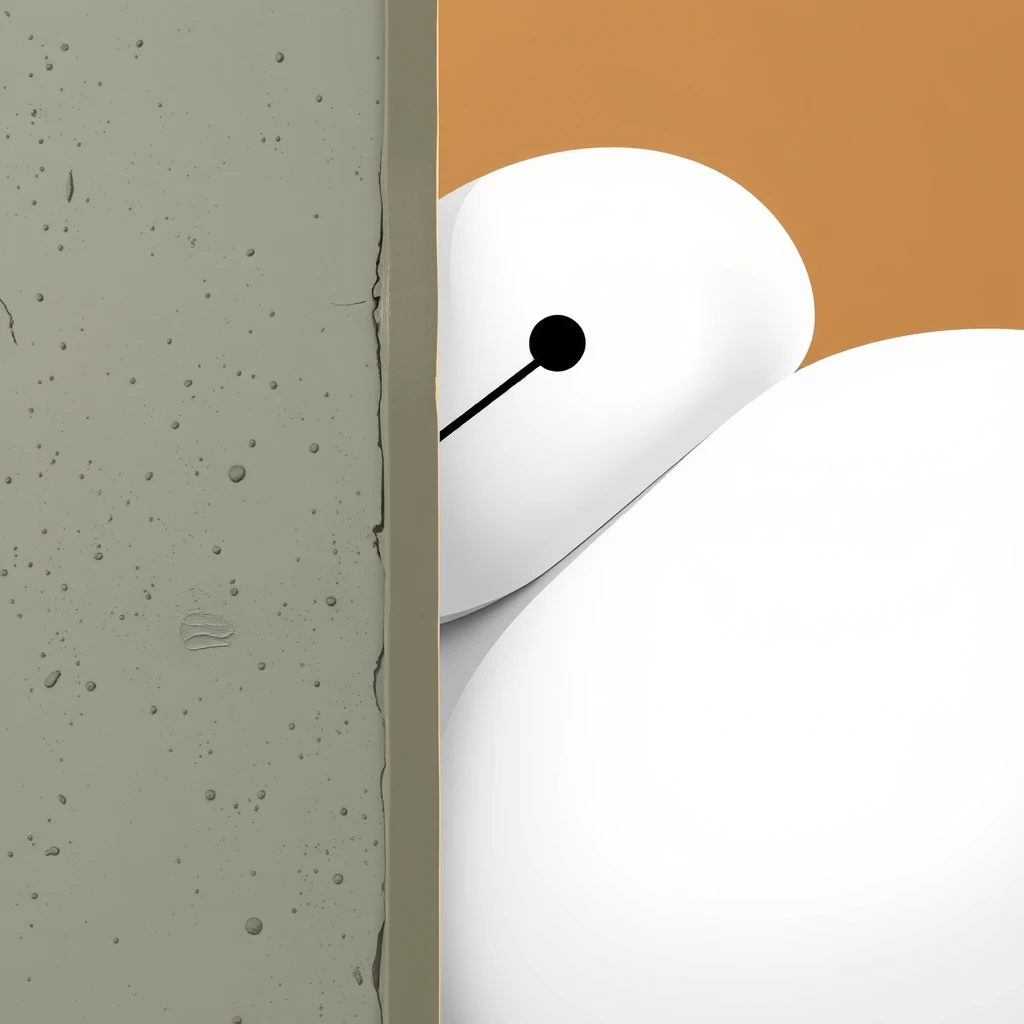 Baymax peeking part of his face from behind the wall. - Image