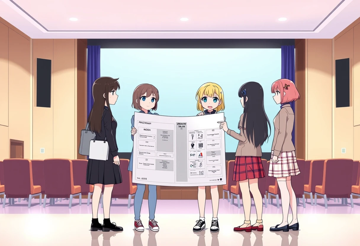 Anime illustration of five girls standing side-by-side discussing the agenda for the upcoming opening ceremony in a conference hall with a stage and screen. They are holding a large floor plan and reading it.