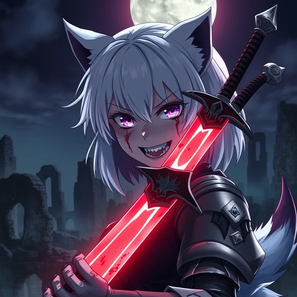 Anime girl with fangs and white medium hair, wolf ears, and a tail, with purple eyes and an evil grin, blood on her face, holding a sword in her right hand. The sword is glowing light red and is covered in blood. The girl is wearing armor. Old ruins can be seen in the background; it is dark and foggy. In the sky is a full moon. Dramatic, dynamic, cinematic.