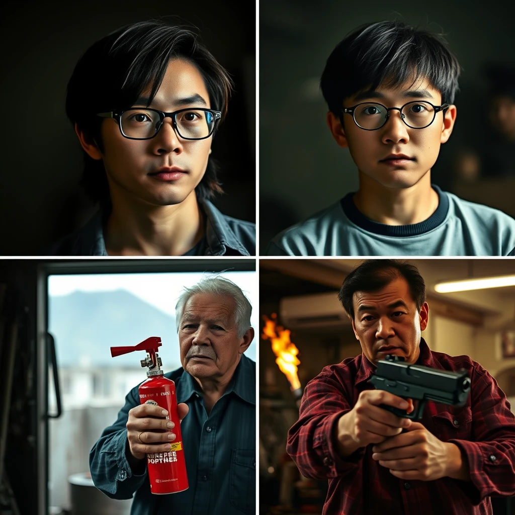 A 21-year-old Chinese man with square prescription glasses and mid-length/long hair, a 20-year-old Italian man with round prescription glasses and short hair, an older Italian man in a scene with an old garage holding a welding torch built into a fire extinguisher, a Chinese man holding a pistol. - Image