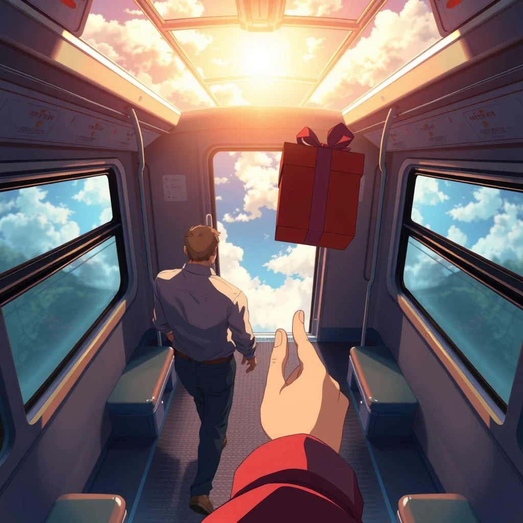 View from above, a man walking on a train which is moving towards the sky. A present box dropped from her hand, anime.