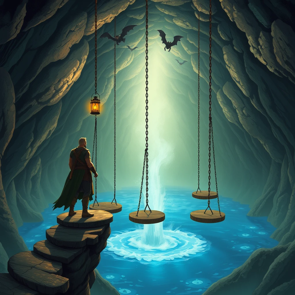 A large cavern, standing on one of the platforms is a male warrior holding a lantern. There is blue water filling the bottom of the cavern and a geyser is erupting. Hanging from the ceiling in a row are 5 chains with round wooden platforms at the end of the chains that are suspended above the water. Bats are flying around. - Image