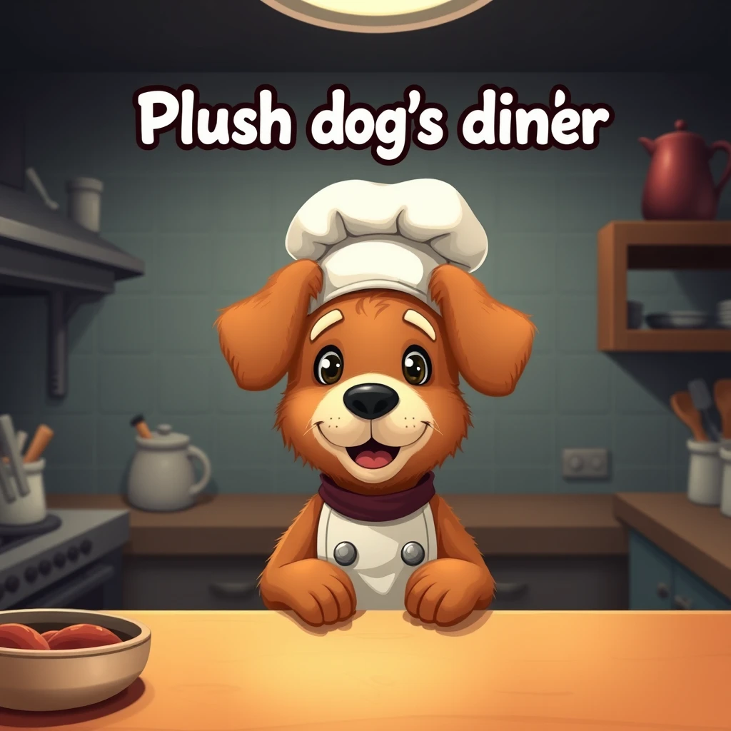 A title screen for a cartoony but photo realistic game about a cute dog chef who works in a kitchen. The dog should be all brown and made of fuzzy fur. The text above the dog should say "Plush dog's diner". The title screen should be quite dark. - Image