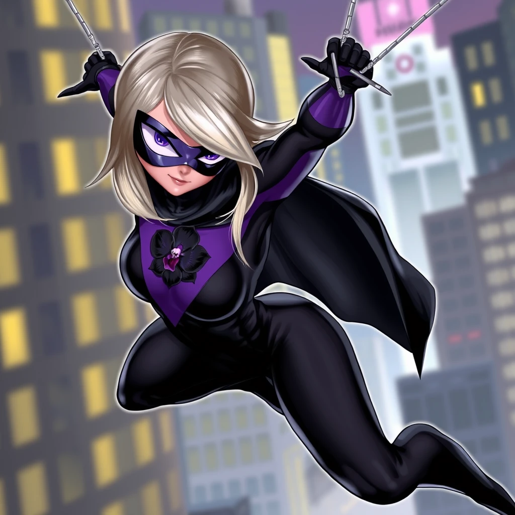 This is a great picture! I love how the blond hair with the grey streak contrasts with the black and dark purple spandex. The purple mask with the black outline and the short black cape look great too. The pose is very dynamic and really makes me think she’s swinging through the city at night.

I’m impressed by how the artist was able to capture the motion of the character’s body in this pose. It really looks like she’s in the middle of swinging through the air at high speed. The artist also did a good job of showing the details of the character’s costume, like the texture of the spandex and the shiny black material of the cape. She has a black orchid on her chest.