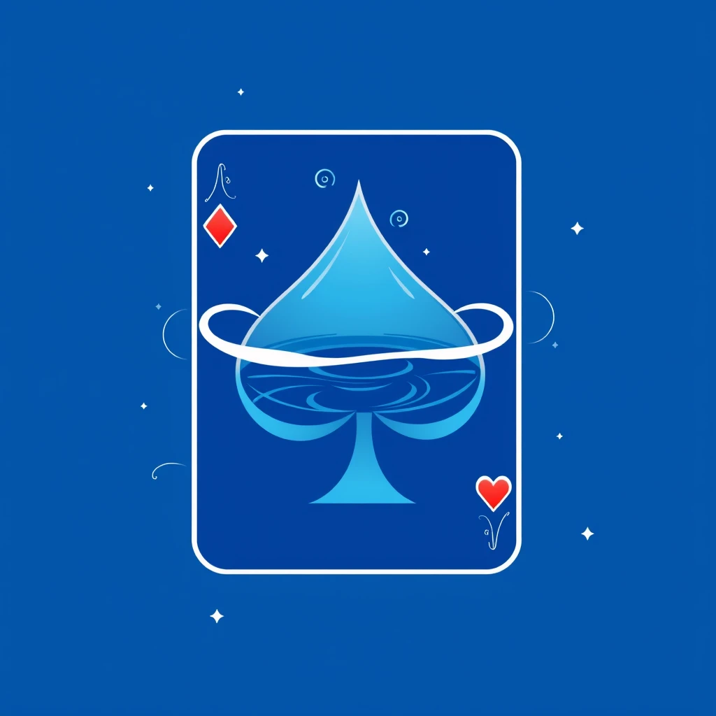 The image is a graphic design of a playing card with blue water in the center. The card is portrait in shape and has a blue background with white swirls and stars scattered throughout. The overall design is modern and minimalistic. - Image