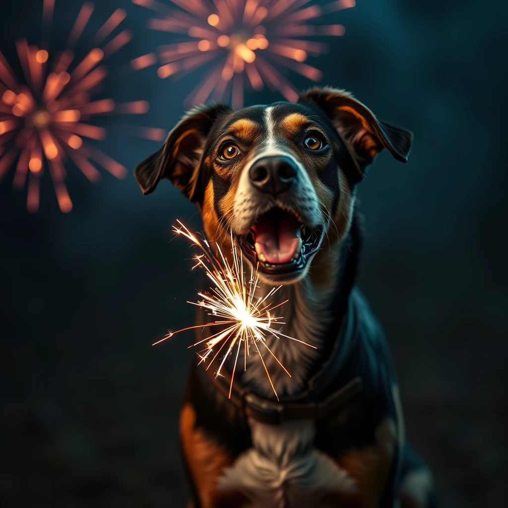 a dog with fireworks