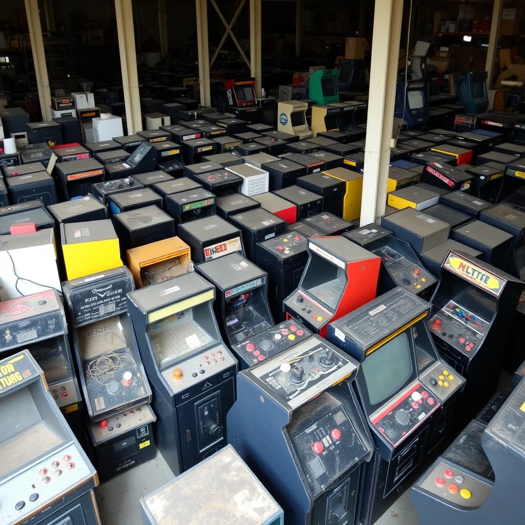 Photograph of an old warehouse with rows and rows of old arcade machines. The machines are packed in. All standup style machines and colors of machines. Some taken apart with wires. Dust on the machines. Many of the machines are black, but some are other colors. They have control panels with joysticks and buttons. The photo is taken from above, at an angle, looking down.