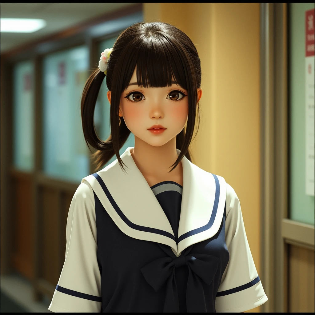 A Japanese girl wearing a school uniform, in movie style.