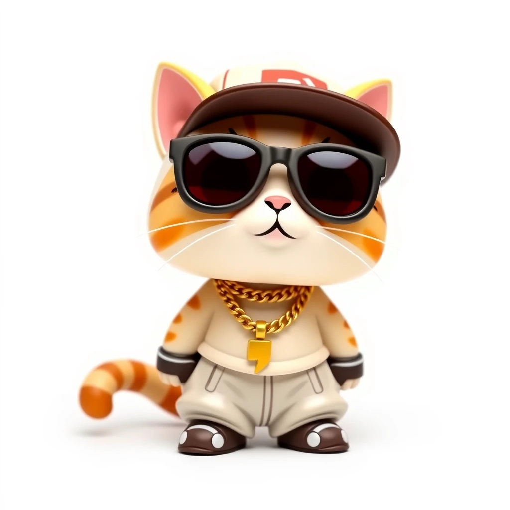 A cat figurine, 3D style, depicted in a cute Japanese chibi (two-head) style, wearing hip-hop style clothing such as oversized sunglasses, a gold chain, baggy pants, and a hat. Overall style is cartoonish and adorable, background is white.