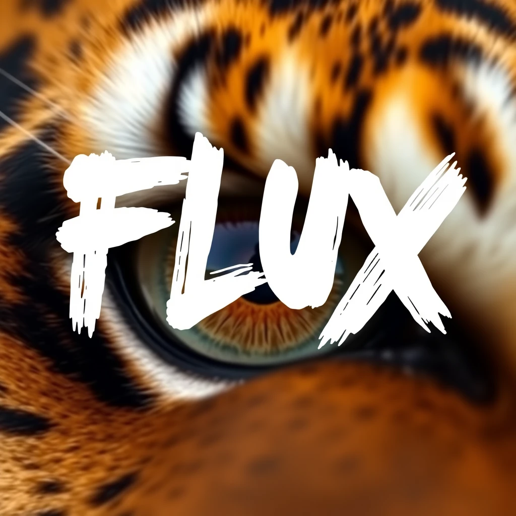 Extreme close-up of a single tiger eye, direct frontal view. Detailed iris and pupil. Sharp focus on eye texture and color. Natural lighting to capture authentic eye shine and depth. The word "FLUX" is painted over it in big, white brush strokes with visible texture.