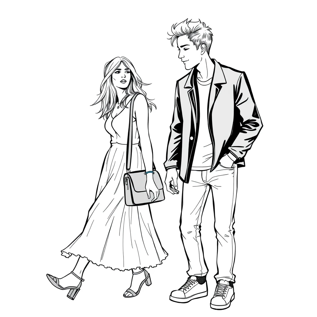 couple, daily, lifetime, full length, young, play, lineart, handbag, frill, fashion