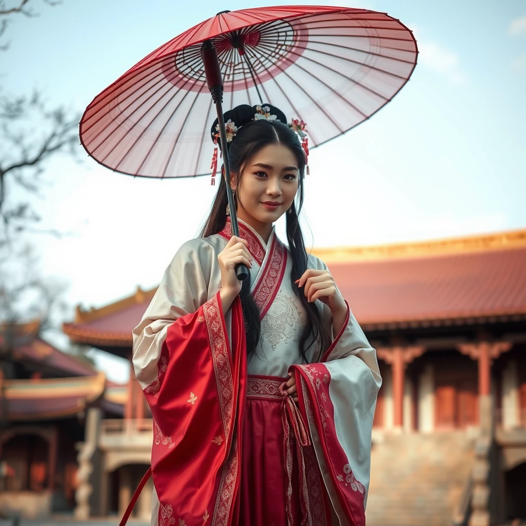 An ancient Chinese beauty wearing Hanfu holds an umbrella, with a temple in the background. - Image