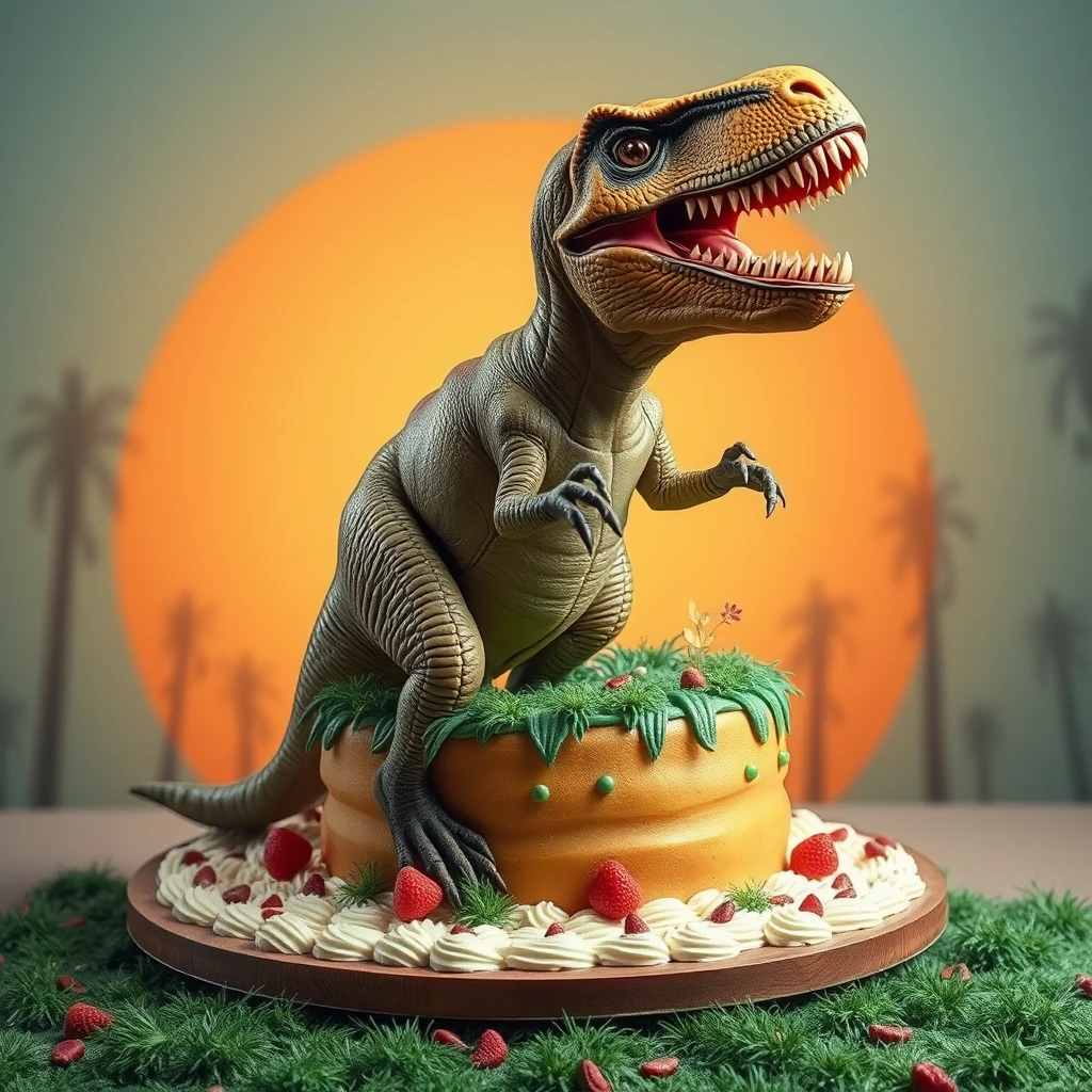 A T-rex jumping out of a large cake. - Image