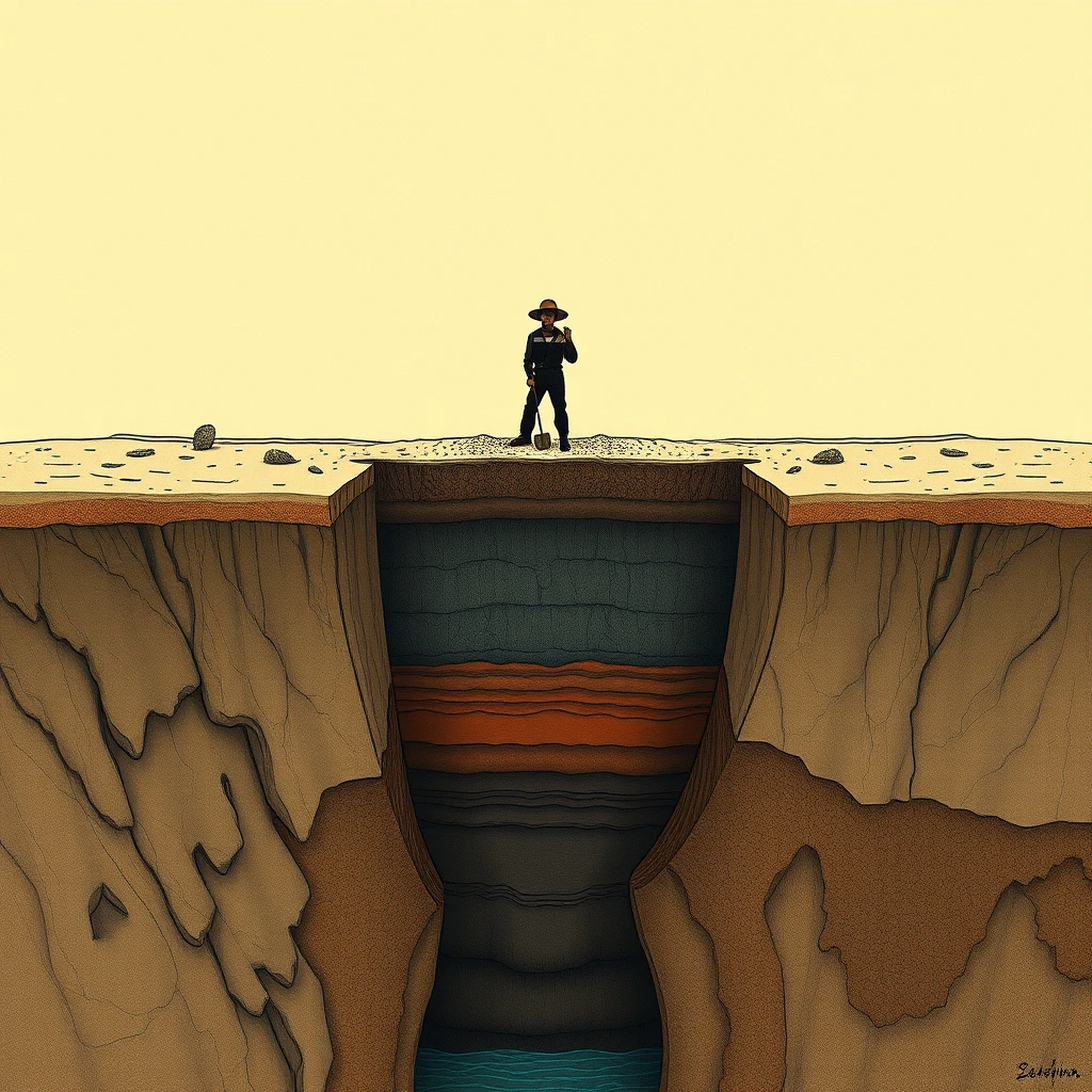 /image prompt: figure, miner, hat, shovel, plateau, cliff, line drawing, cross-section, underground, rock formations, soil layers, narrow gap, water level, persistence, missed opportunities, irony, perseverance, HD, 16k --ar 16:9 --v 6.0 - Image