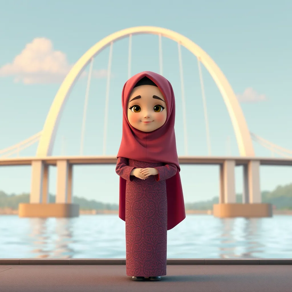 A 3D cartoon animation of a Muslim woman from Palembang, Indonesia, wearing a traditional long songket dress. She stands gracefully in front of the iconic Ampera Bridge, which arches beautifully in the background. The scene is rendered in stunning 8k resolution, capturing the vibrant colors and intricate details of the songket fabric. The woman's expression is serene and peaceful, with a gentle smile. The overall atmosphere is warm and welcoming, showcasing the cultural beauty and elegance of Palembang. - Image