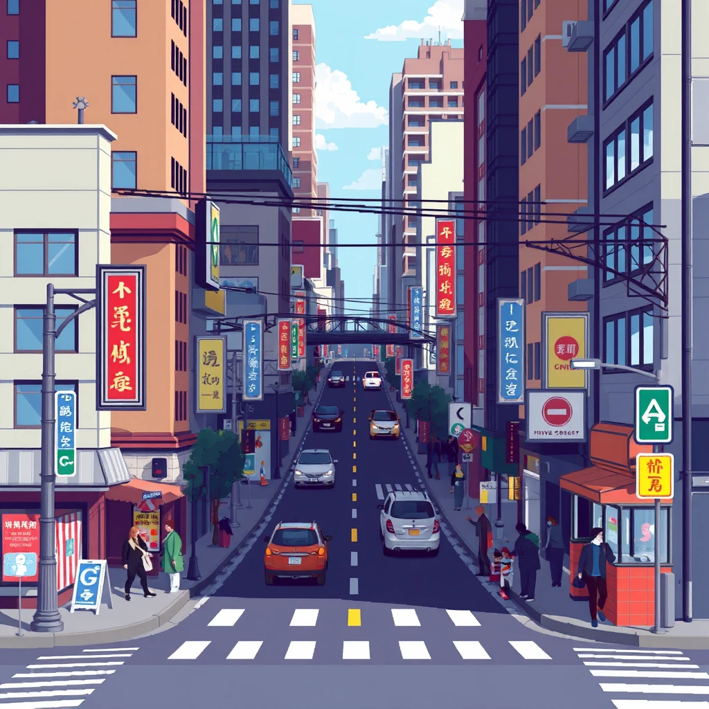 Urban streets, commercial streets, roads, pixel art, 2-bit - Image