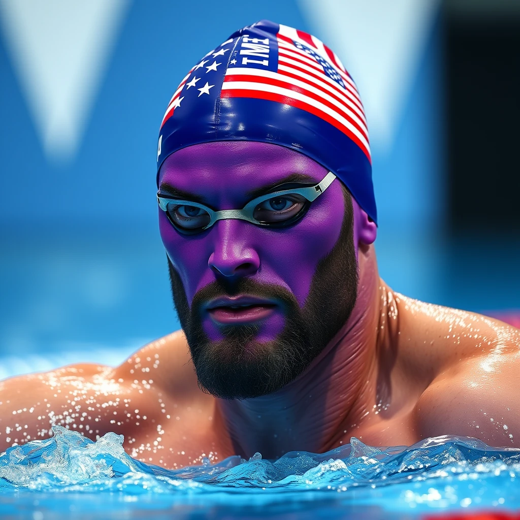 "Thanos with a purple face participates in the swimming event at the Olympics, wearing a swim cap with the American flag."