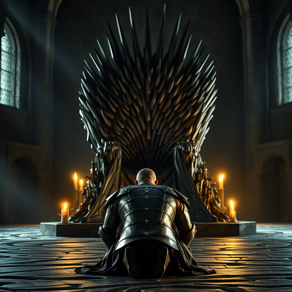 [Scene] The scene is captured with a cinematic grandeur, reminiscent of a still from a historical epic. The setting is a cavernous, dimly lit throne room in a medieval European castle. Looming in the background is the iconic Iron Throne, its jagged edges and harsh silhouette a symbol of power and dominance. The cold, metallic sheen of the throne contrasts sharply with the rough-hewn stone walls and the flickering candlelight that casts long, dancing shadows across the scene.  
[Character] In the foreground, a handsome and powerfully built king, clad in full plate armor, is prostrated before the Iron Throne, his back to the camera. His armored form is humbled, his head bowed low to the ground in prayer. The weight of his crown and the burden of his responsibilities are palpable in his posture. - Image