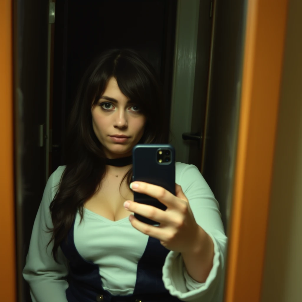 Phone photo: A woman in cosplay stands in front of a mirror capturing a selfie. The image quality is grainy, with a slight blur softening the details. The lighting is dim, casting shadows that obscure her features. Her expression is casual while the old iPhone struggles to focus, giving the photo an authentic, unpolished feel. The mirror shows smudges and fingerprints, adding to the raw, everyday atmosphere of the scene. - Image