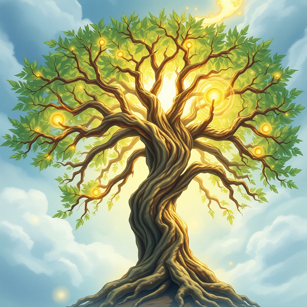 A god of magic, he is symbolized by an arcane tree. A towering, ancient tree with branches that stretch into the sky. The leaves glow with magic, and its roots pulse with arcane energy, spreading magic through the earth.

A spiritual body made of its branches can be manifested, shimmering with pure magic. The body looks like a young, clean-shaven scholar.

[The image is scaled epically and is in the style of D&D 5e watercolor] - Image