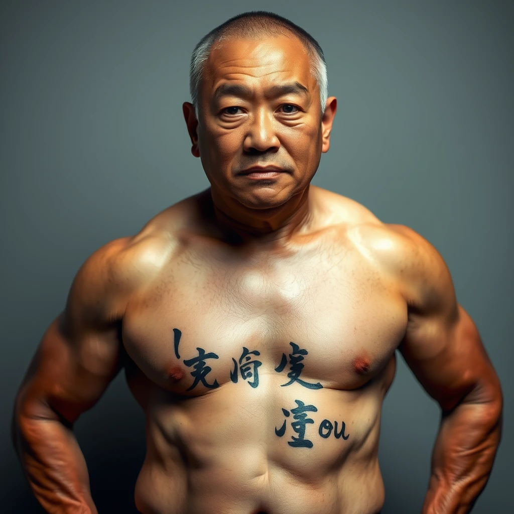 A portrait of a muscular, middle-aged Japanese man with a tattoo on his belly that says in Chinese: "I love you."