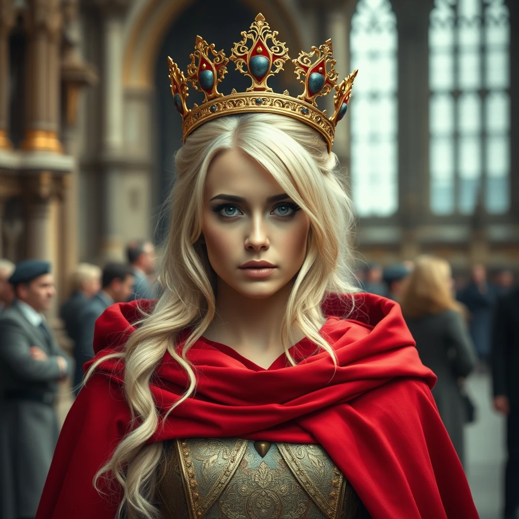 Photo realistic: Blonde fantasy heroine with a red cloak is crowned in Westminster.