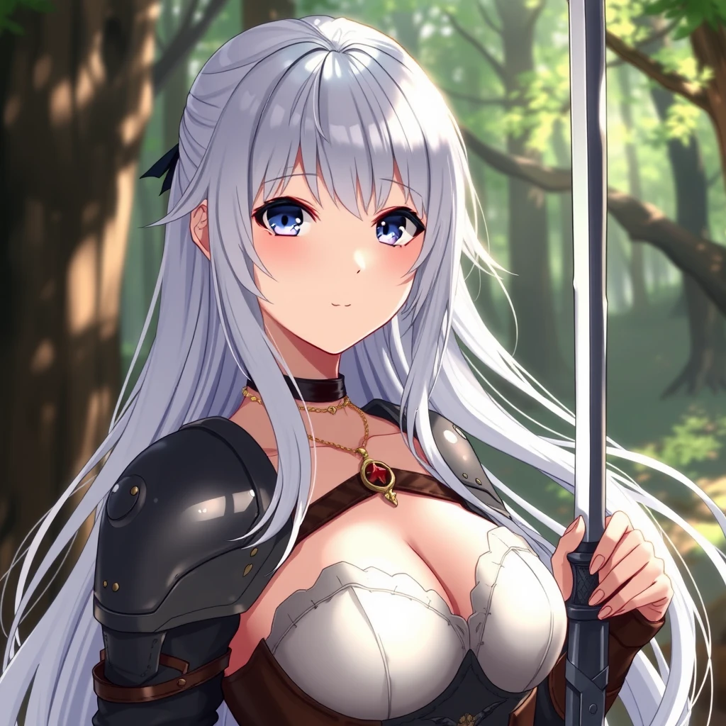 anime girl, beautiful, white hair, long hair, bangs, fair skin, big breasts, leather armor, sword, forest, dappled sunlight, upper body, looking at viewer