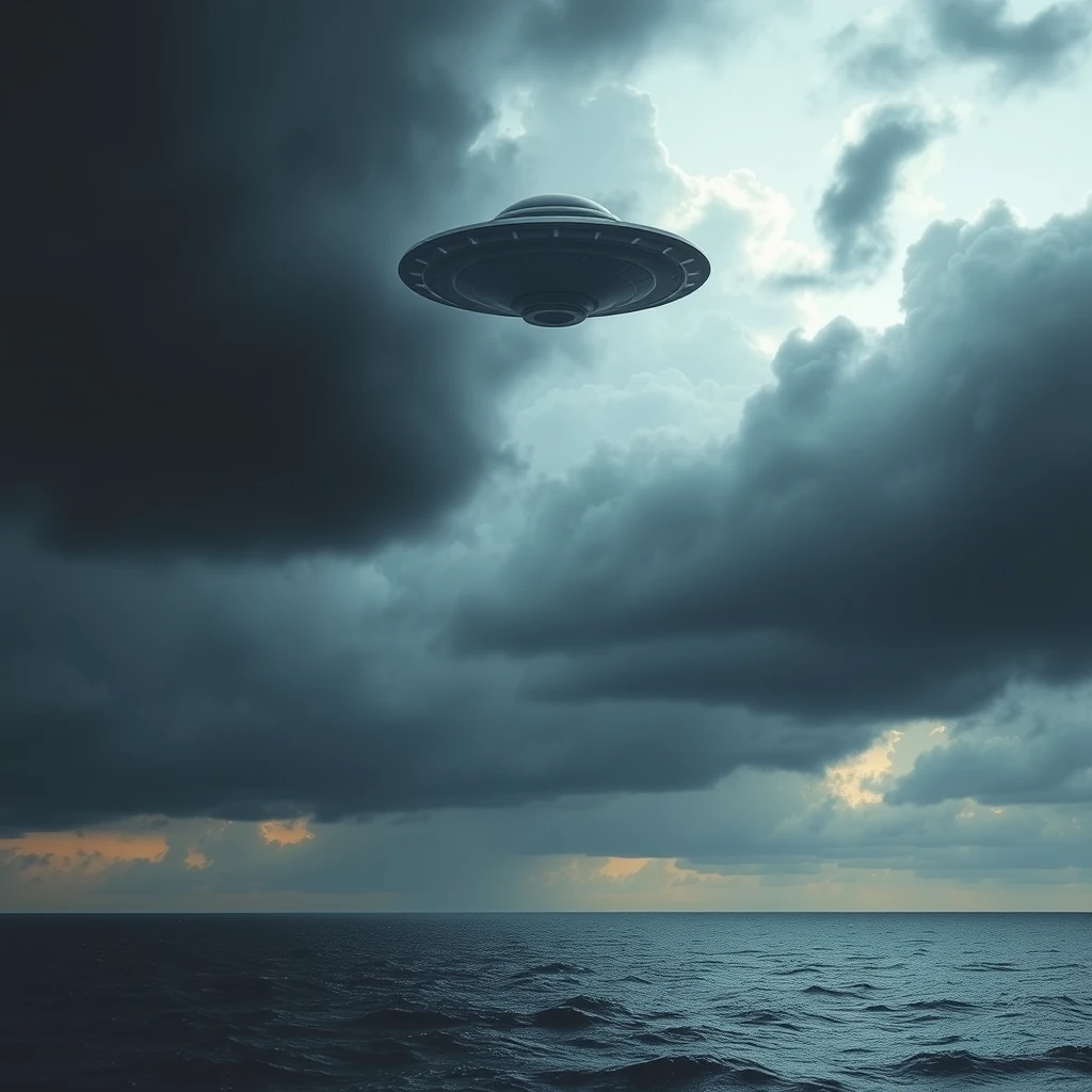 sea side, dark clouds, ufo, alien invaders in front scene