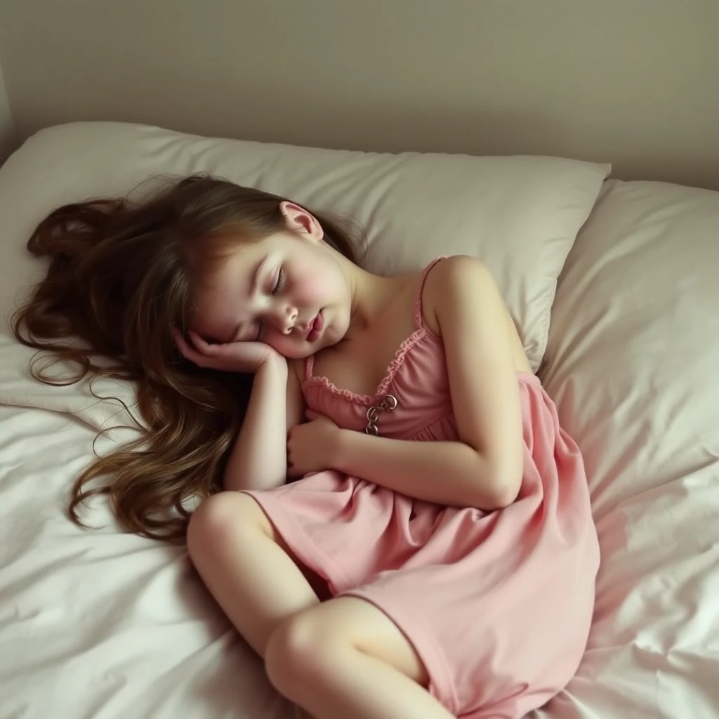 A beautiful girl (in this context, "nude" means a girl in a dress) should not generate any weird or illegal content; it should be family-friendly. The girl should be sleeping, and the dress should be short.