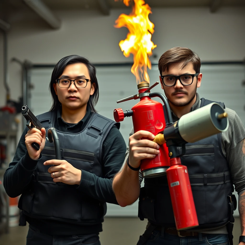 A 21-year-old thin, long-faced northern Chinese man with a square chin, wearing square glasses and holding a pistol, has medium to long-length hair; a 21-year-old Caucasian Italian man wearing round glasses and short hair is holding a very large fire extinguisher that has been converted into a flamethrower. They are both in a garage setting, appear angry, and are wearing bulletproof vests.