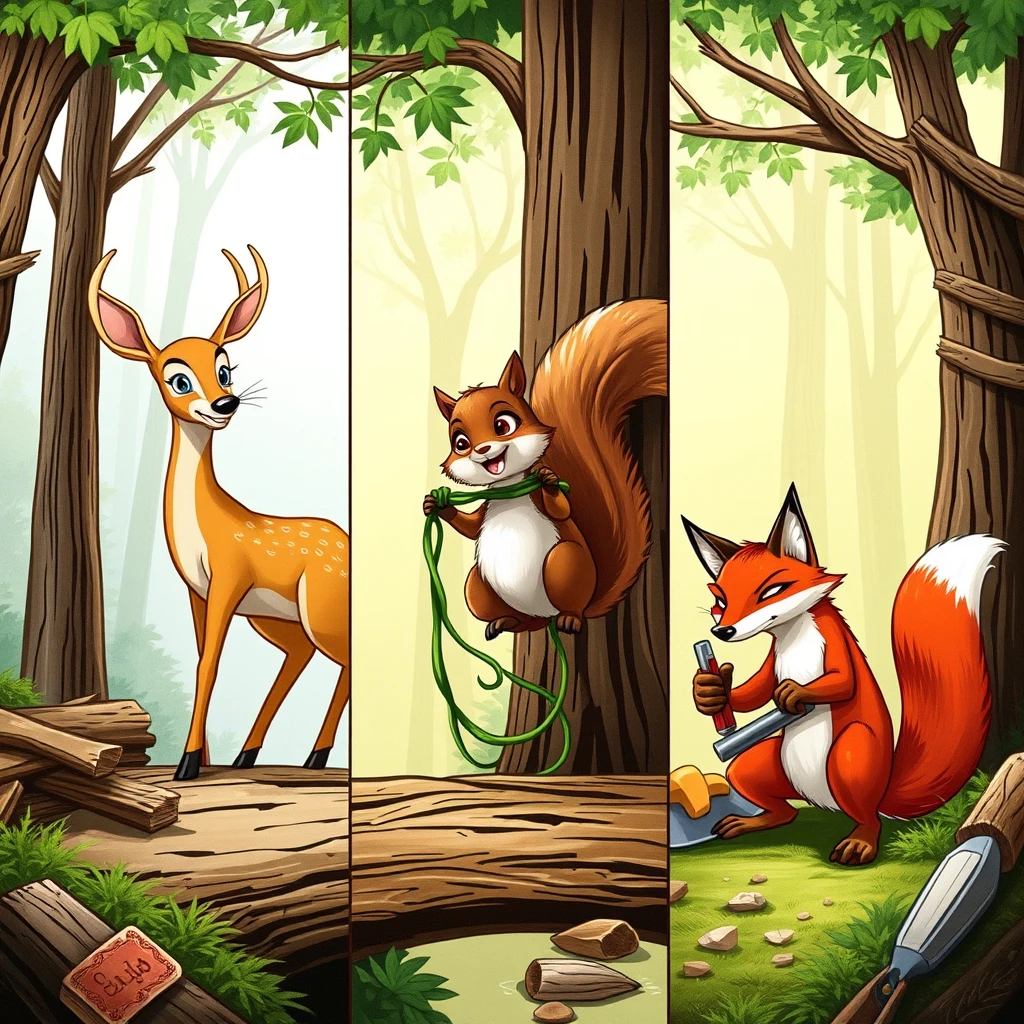 A dynamic split-screen showcasing the forest animals in action: the deer, named Daisy, gathering wood, the squirrel, named Squeaky, securing vines, and the fox, named Sly, using tools, all contributing to the bridge repair.