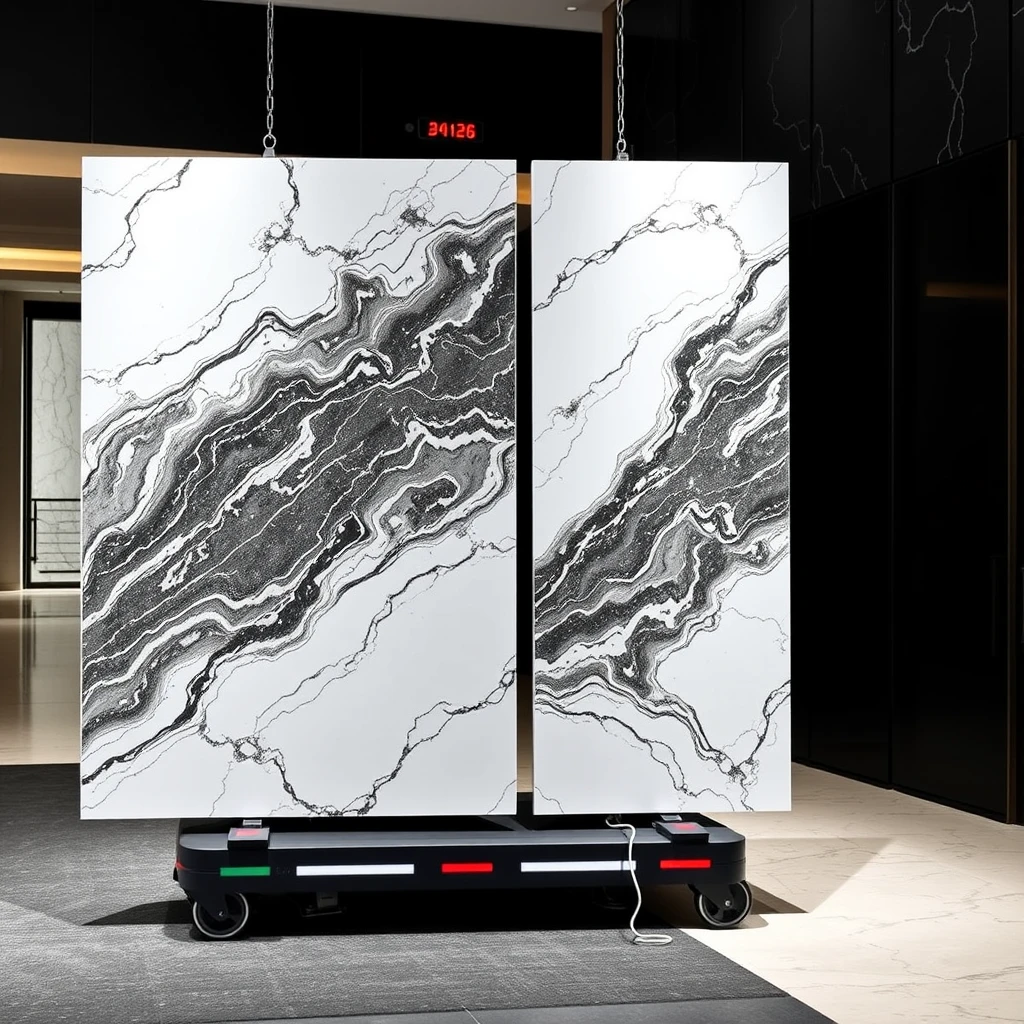 Smart, stylish automated AGV-based carrier-cum-display system that holds 2 large 4-meter-sized polished marble panels such that one horizontal panel and one vertical marble panel together form a large L-shaped configuration, in the pattern matching orientation, in a professional yet cheerful setting.