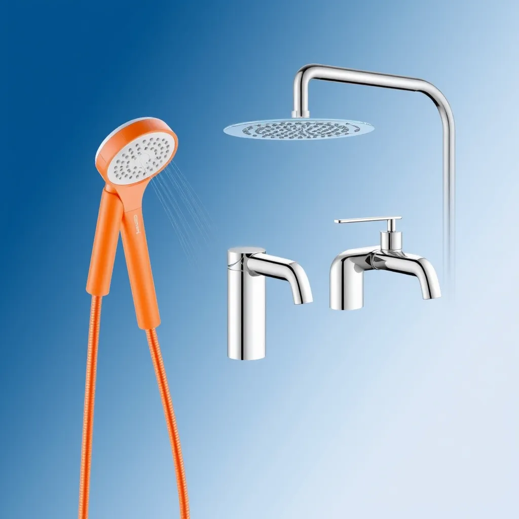 The image features a modern and sleek layout showcasing a set of five chrome-finished faucets and a single orange handheld showerhead. The background is a gradient of blue shades.