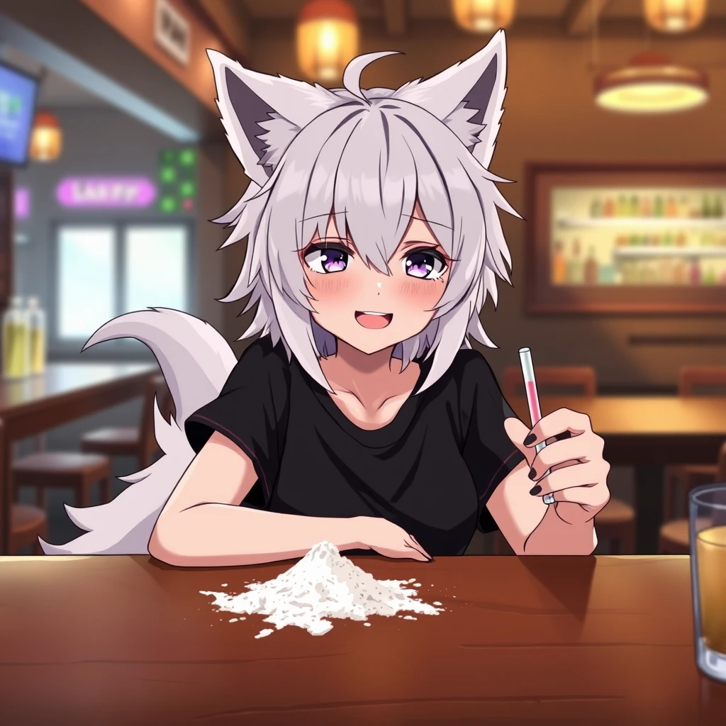 Anime woman with fluffy wolf ears and a fluffy tail, medium messy white hair, purple eyes, wearing a black t-shirt, sitting at a table in a bar. On the table is a little bit of flour. The girl looks at the flour with a big crazy smile and has a straw in her right hand. - Image