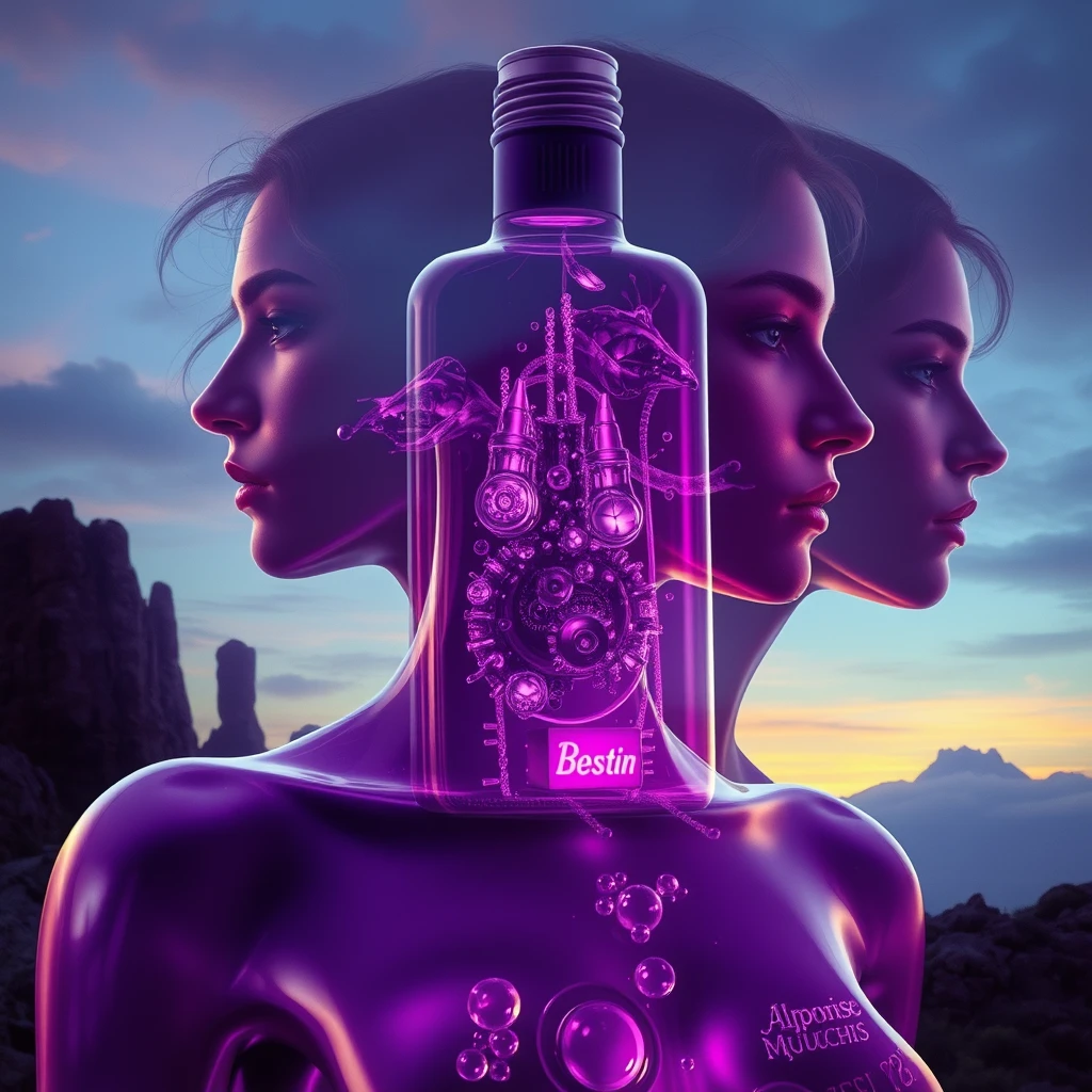 Multiple exposure, Alphonse Mucha's art, cosmetic glass bottle body, violet, character design, rendering, biomechanics, science fiction, volumetric lighting, beautiful landscapes, detailed faces, dramatic colors.