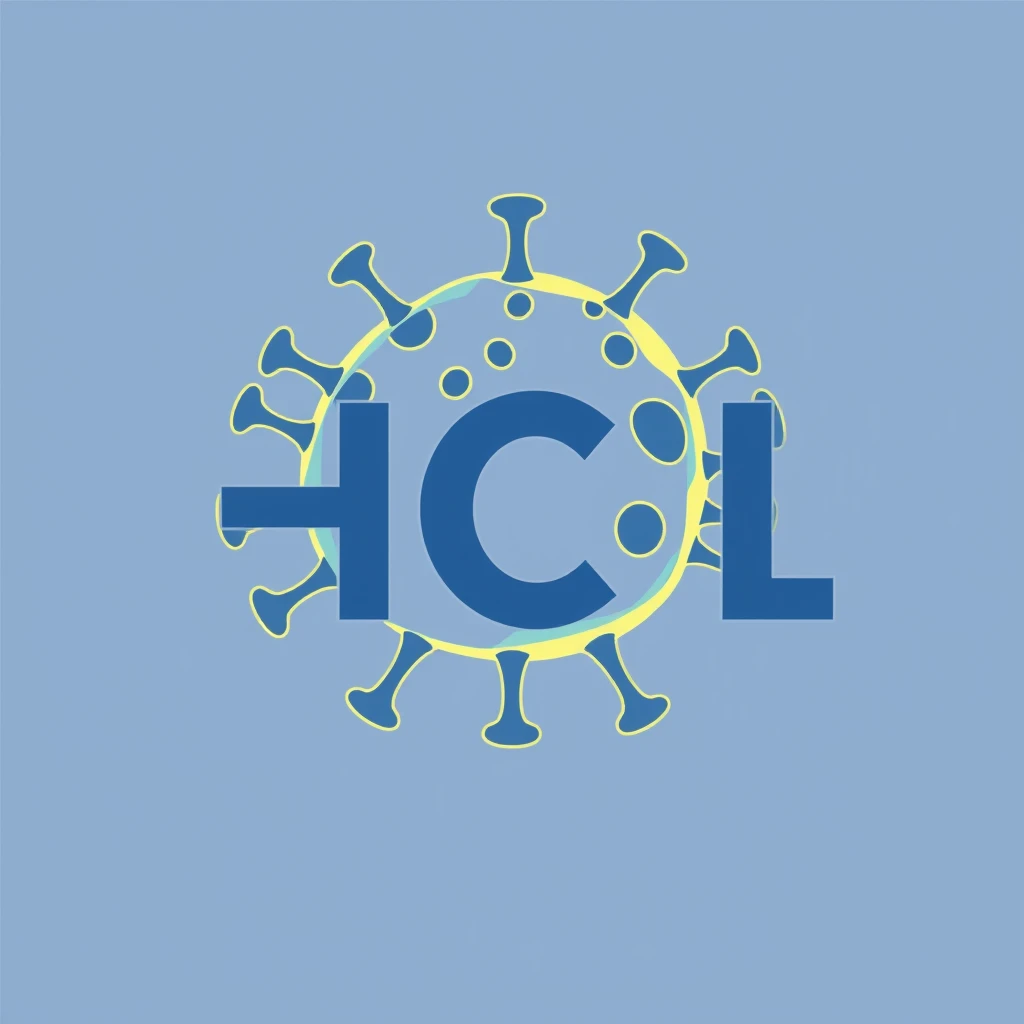 Logo for a microbiological science lab that includes the letters "HCL," turning the C into a virus.