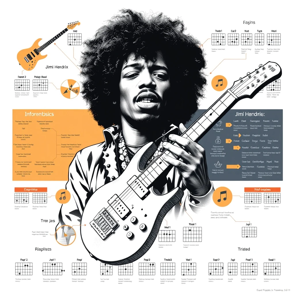 A modern fusion infographic poster that includes cells of information around the outside. A drawing of Jimi Hendrix is superimposed on top. There are many graphic organizer infographics around the outside of guitars, notes, and chord patterns, with a white background and faded patterns. - Image