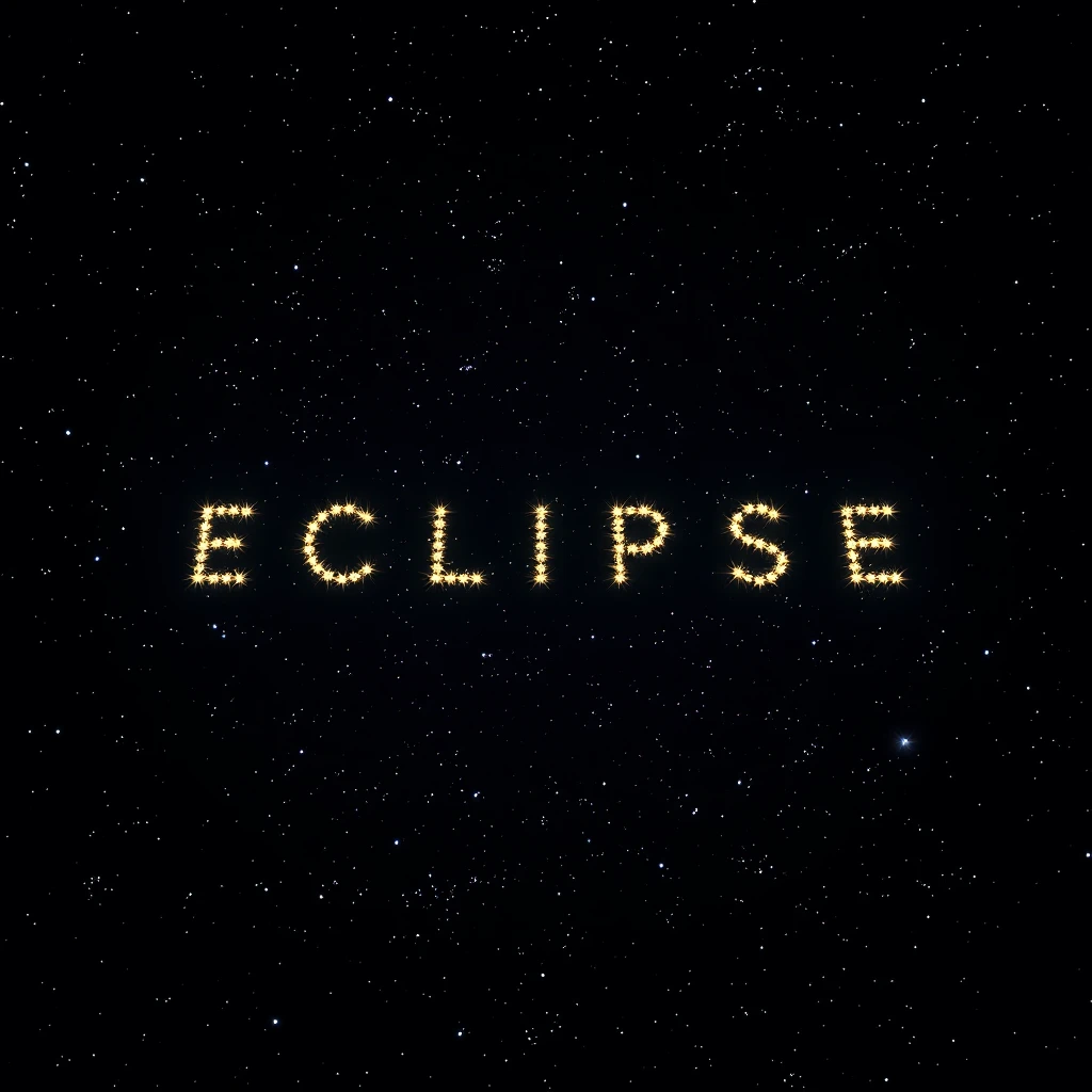 Subject: The word "Eclipse" spelled out in the stars across a night sky.  
Stars: Countless bright stars scattered across a vast, dark expanse. The stars that form the word "Eclipse" are noticeably brighter and larger than the surrounding stars, creating a clear and distinct outline.  
Word Formation: The stars are meticulously arranged to form the capitalized word "ECLIPSE," with each letter distinct and legible. The spacing between the letters is even and balanced.  
Background: A deep, inky black sky, providing a stark contrast to the brilliant, shining stars. Subtle hints of nebulae and distant galaxies can be seen swirling in the background, adding depth and texture to the scene.  
Perspective: The viewer is looking directly up at the night sky, as if lying on the ground and gazing upwards.  
Color Palette: Predominantly dark blues and blacks for the night sky, with the stars shining in bright whites, yellows, and blues.  
Details: Pay close attention to the variation in star sizes and brightness, creating a sense of depth and realism. The stars should twinkle subtly, adding a touch of magic to the scene.  
Overall Style: Realistic and awe-inspiring, capturing the vastness and beauty of the night sky. The scene should evoke a sense of wonder and mystery.