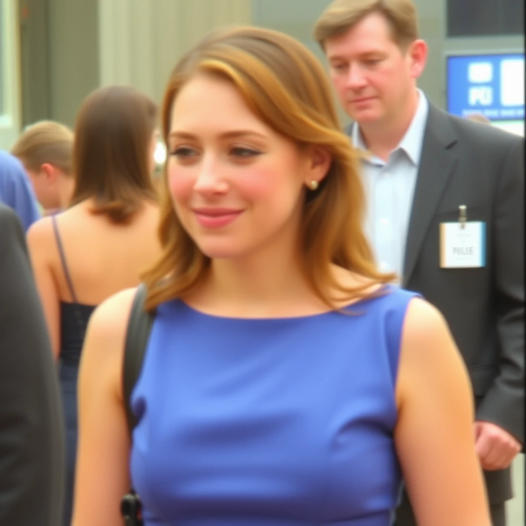 iPhone photo: A woman wearing a dress in public. She's blushing. The image quality is grainy, with a slight blur softening the details.