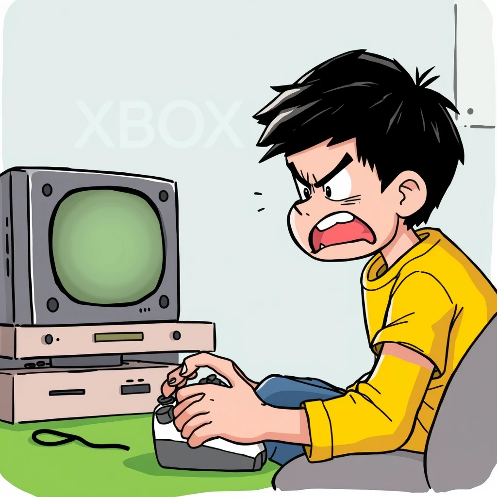 A boy is playing Xbox and is very angry because he is stuck.