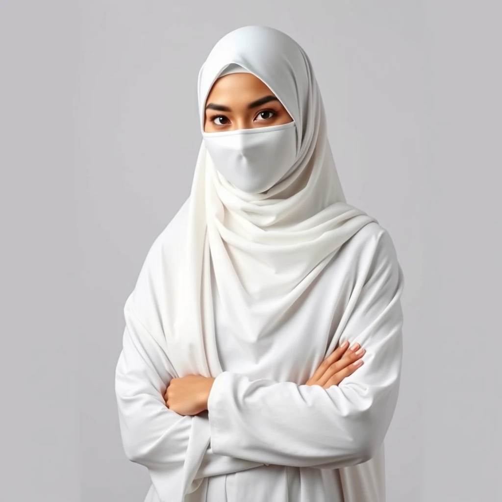 Generate an image of a Muslim woman wearing a white niqab and a white abaya. The background should be neutral or minimalistic to focus on her traditional Islamic attire. The image should convey a sense of modesty, elegance, and serenity, 8k, realistic, HD. - Image