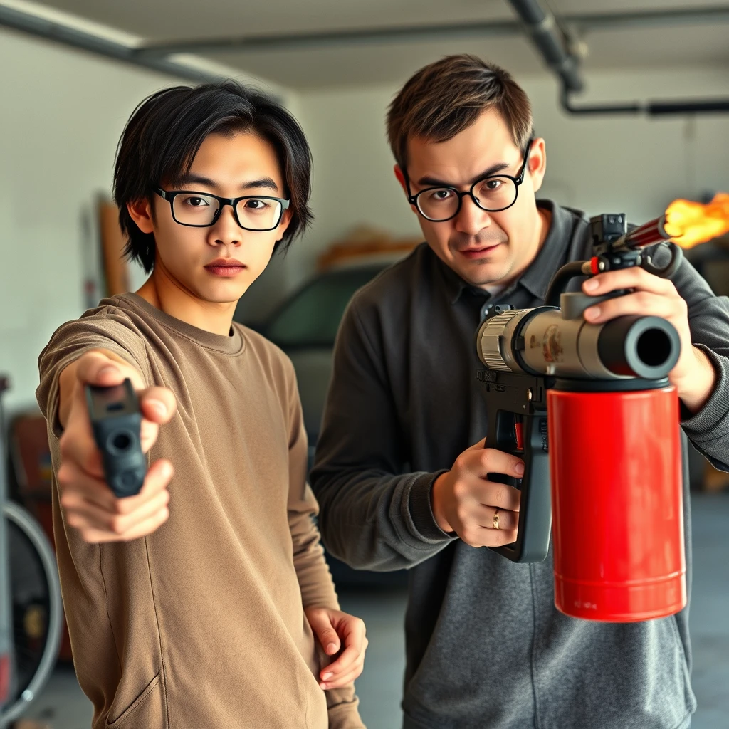 21-year-old thin white young Northern Chinese man with a long face and square chin, wearing square glasses and holding a pistol, has medium to long length hair; 21-year-old white Italian/Caucasian man wearing round glasses and short hair holding a very large fire extinguisher flamethrower; set in a garage; both appear angry.