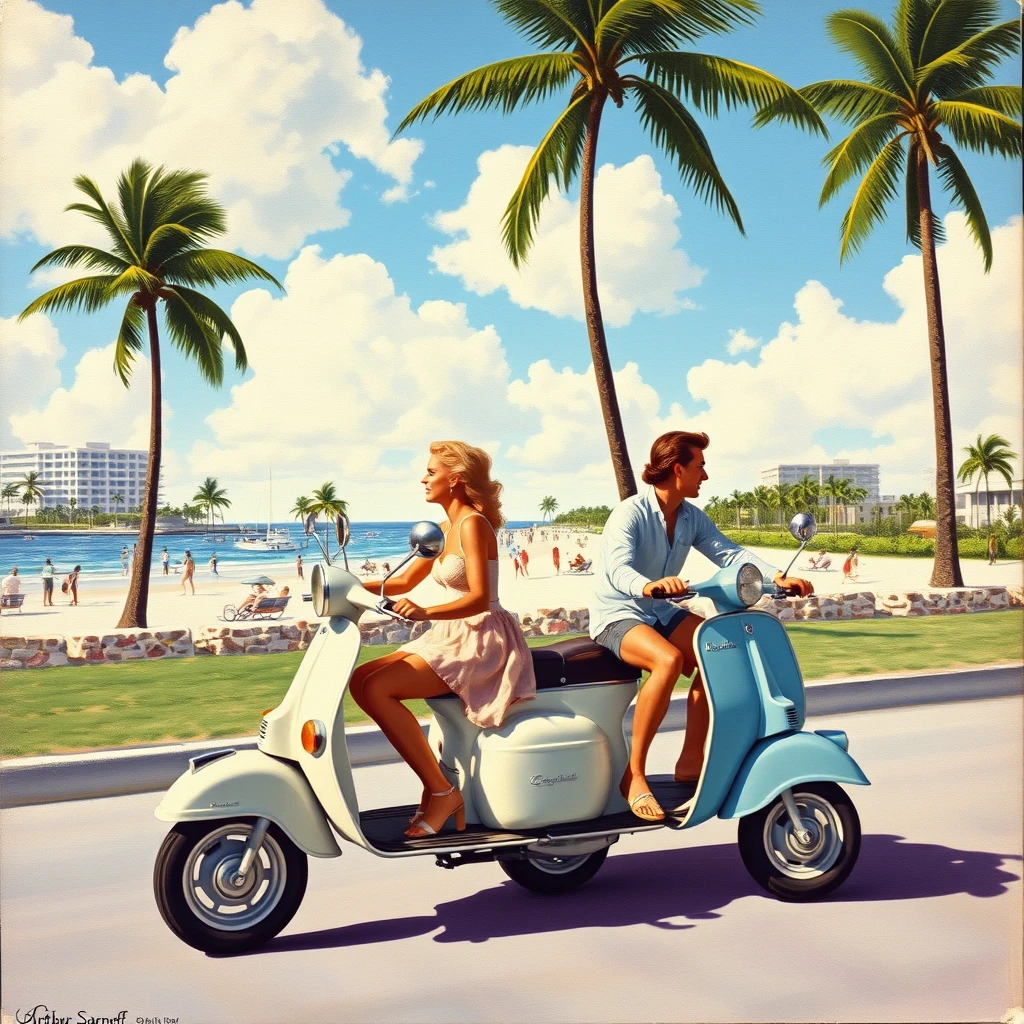 A Miami Beach postcard featuring a couple riding 2 scooters beside each other, from 1956, as painted by Arthur Sarnoff, wide, landscape view.