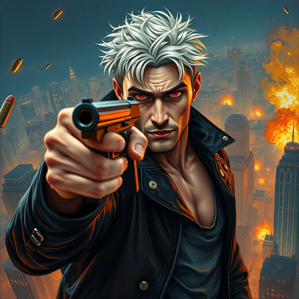 An adult male with a gun aimed at the camera, short white hair, red eyes, black leather jacket, muscular figure, playful gaze, city night scene, high altitude, flames, explosions, black series, scattered bullet shells, iron chains, messy hair, character facing the camera, upper body, movie level lighting, thick painting style, ultimate color application, oil painting texture, Van Gogh style, Impressionist style, delicate brushstrokes, unclear line drawings, brilliant colors, soft light and shadow, 2.5D, Van Gogh's works. - Image