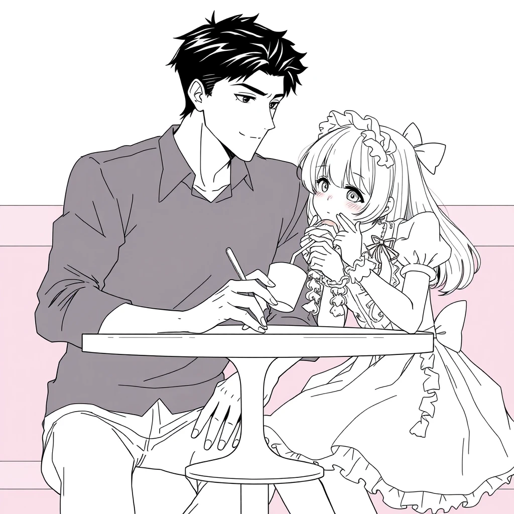 The boy was sitting and feeding his girlfriend a cup of ice cream, and the girl was wearing a Lolita dress, resting her cheeks in her hands on the table. The boy is tall and handsome. Anime lineart. - Image