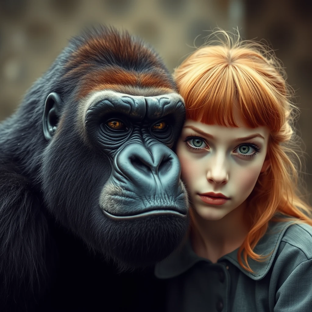 King fierce gorilla next to a cute ginger Russian green-eyed teenage queen with bangs, round face, small nose, vintage style. - Image