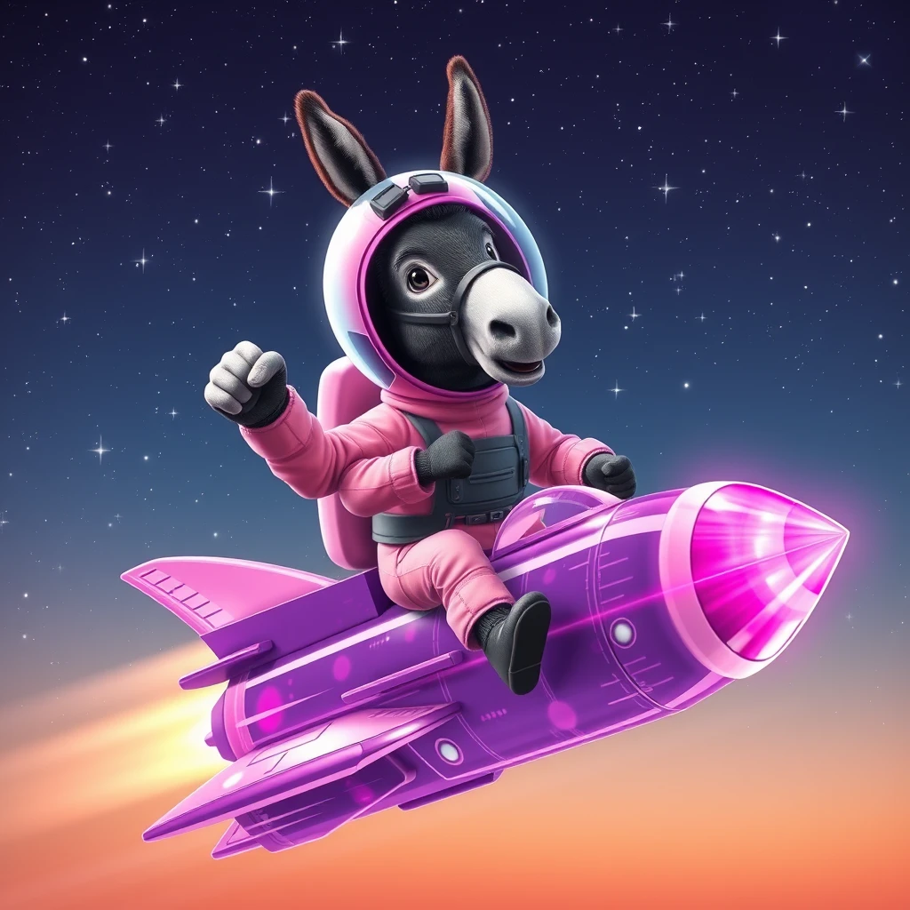 An ambitious donkey wearing pink astronaut costume, riding on a crystal light purple stunning spaceship, making a punching gesture, flying to the outerspace under a clear night sky with lots of shining stars. Realistic style. - Image