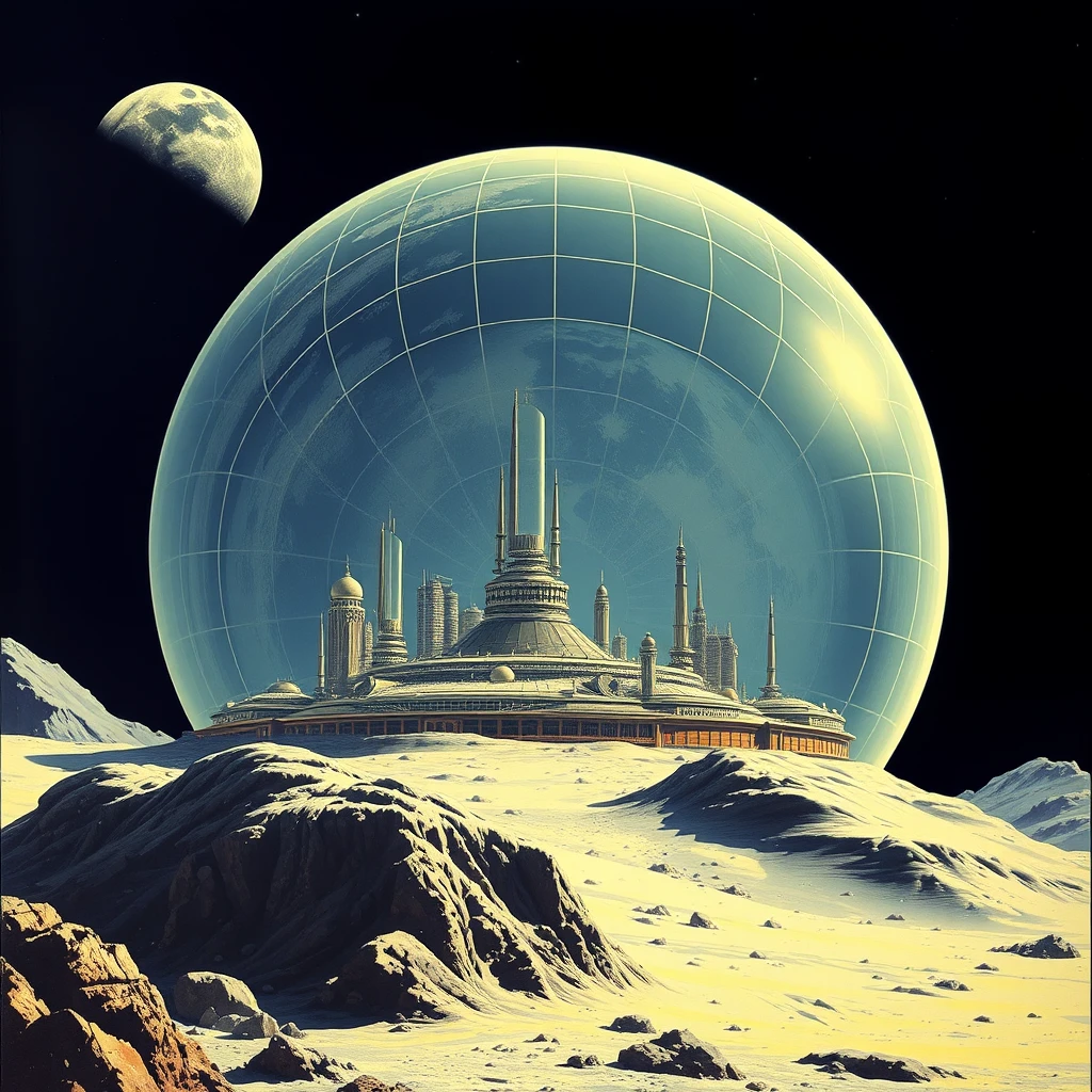 an ultra-futuristic city covered by a 90km diameter, shallow-arc, geodesic glass-dome, on the moon, as painted by Syd Mead, earth in the background.